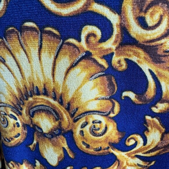 Vintage Cache Blue & Gold Baroque Pattern Cold Shoulder Blouse Size Medium - Picture 7 of 10